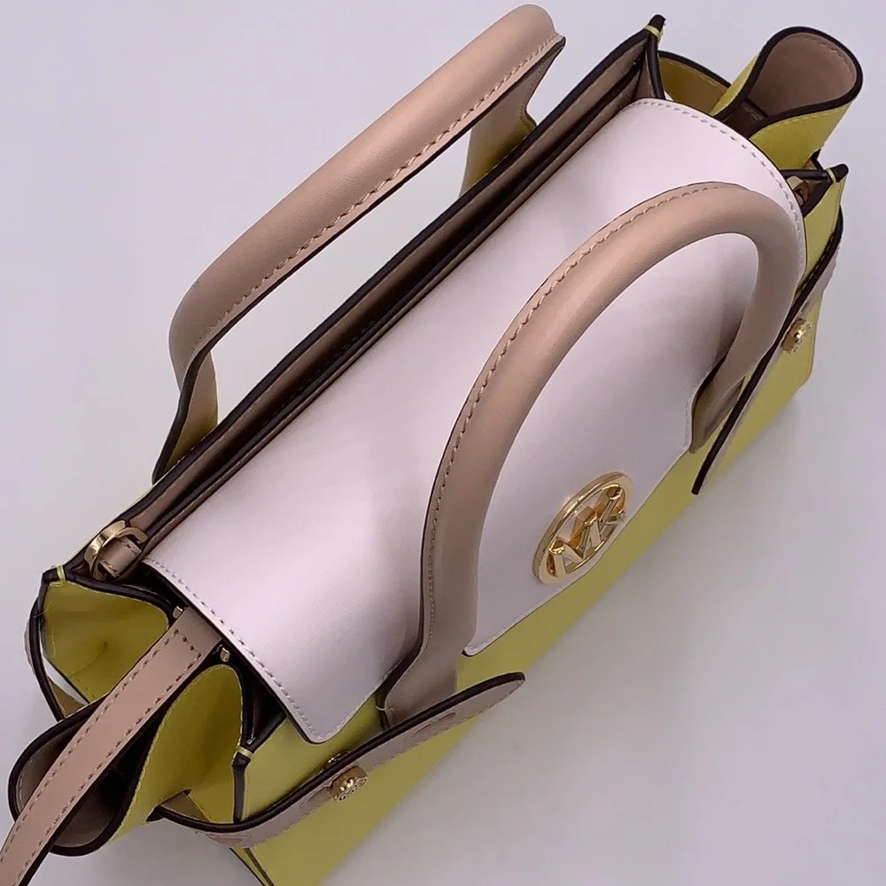 MICHAEL KORS Carmen Medium Faux Leather Belted Satchel SUNSHINE MULTI COLOR